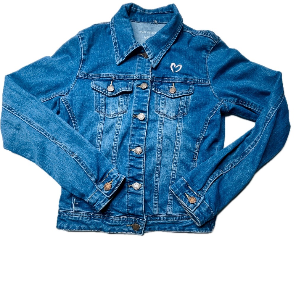 Heart Embroidered Denim‎ Jacket Womens Medium Blue Wash Cropped Boutique